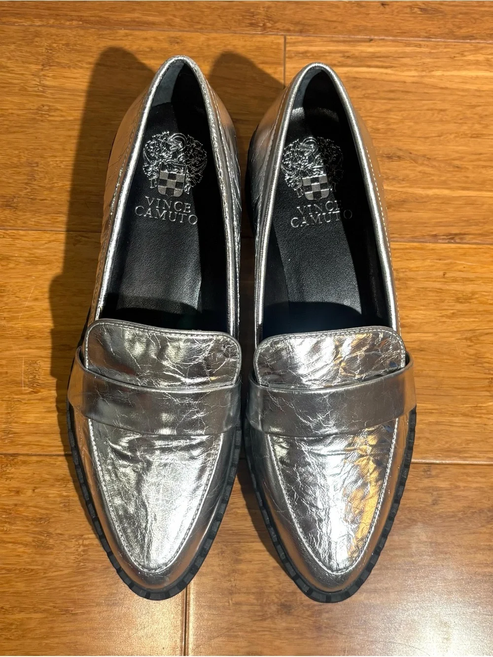 Vince Camuto Silver Crinkle Leather Chunky Sole Loafers
